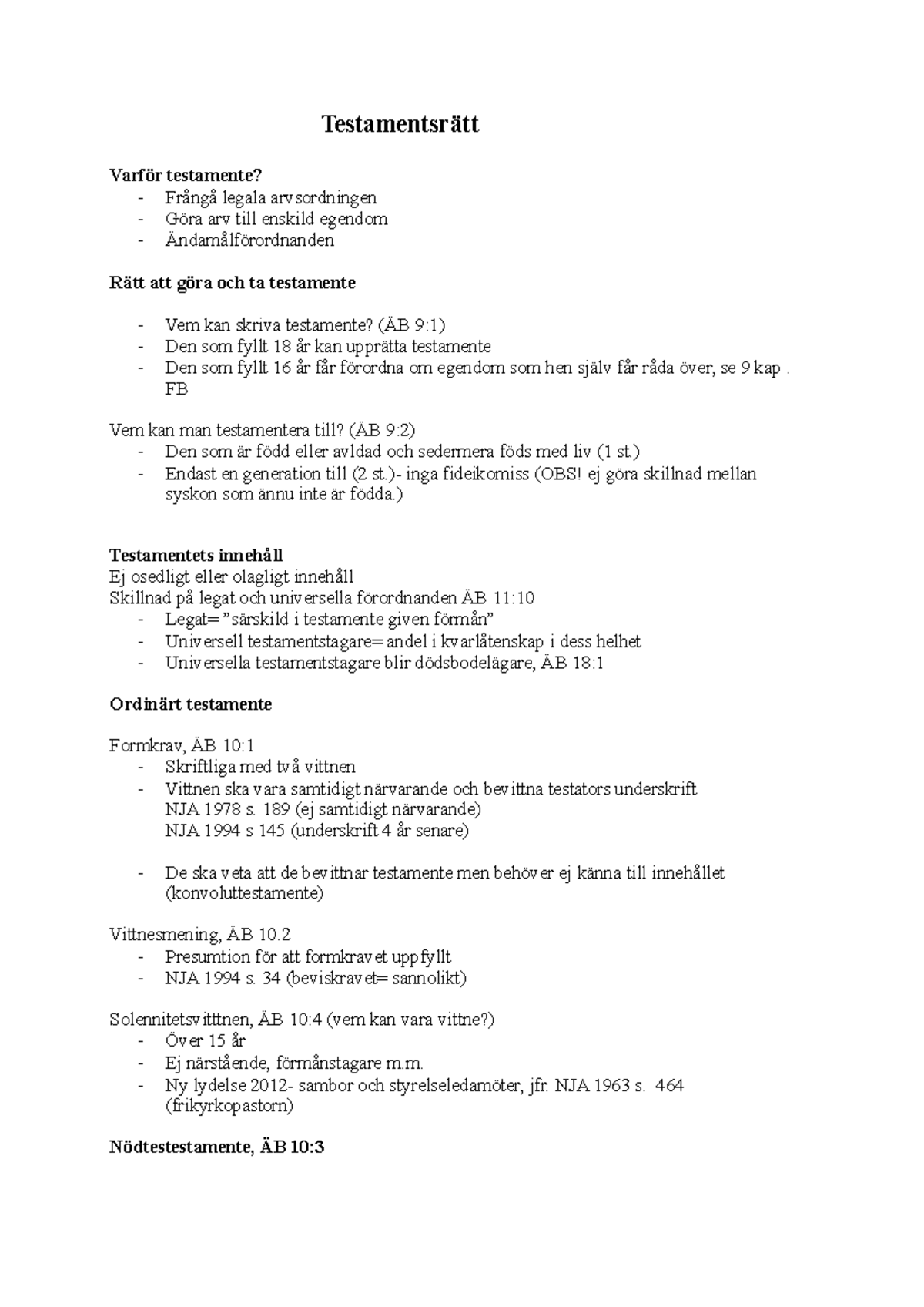 Testamentsrätt - Föreläsningsanteckningar för Juridik 101 - Studocu