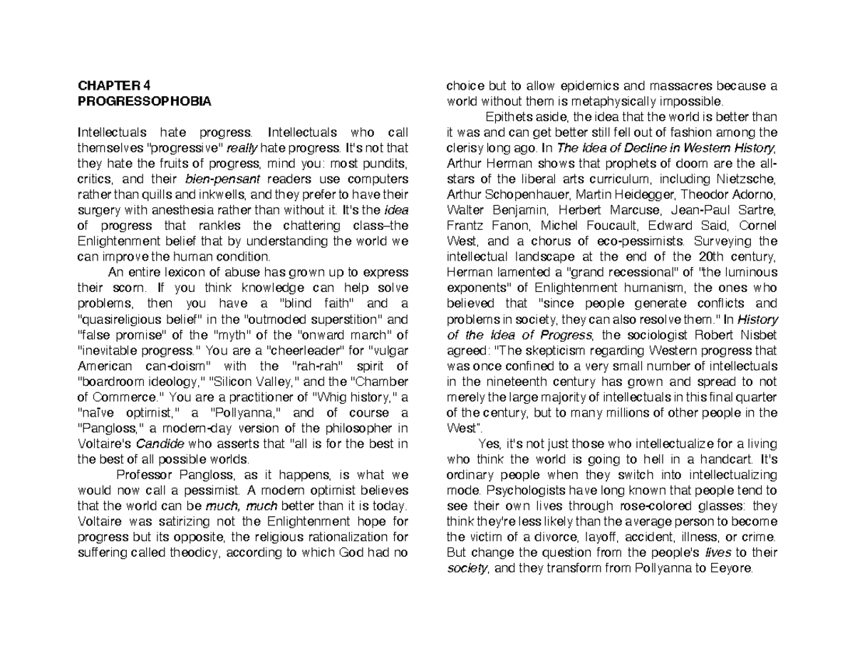 CHAPTER 4: PROGRESSOPHOBIA - The Intellectuals' Dread of Progress - Studocu
