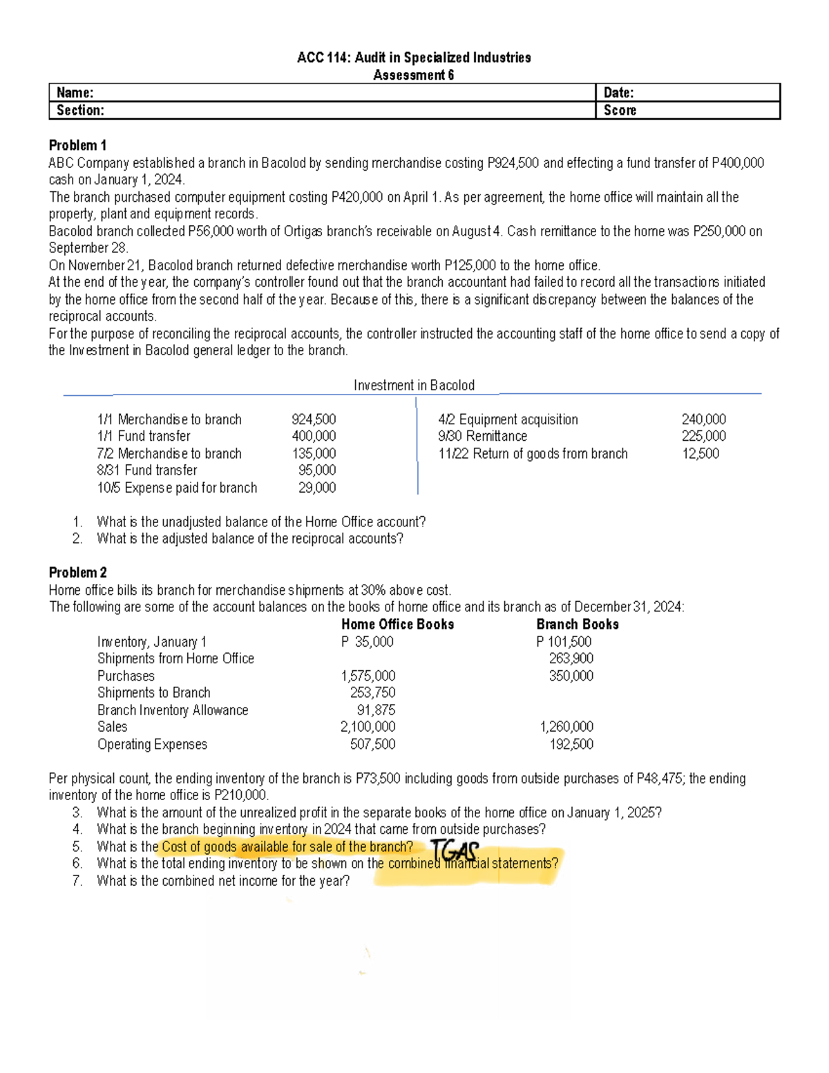 ACC 114: Audit in Specialized Industries - Assessment 6 Analysis - Studocu