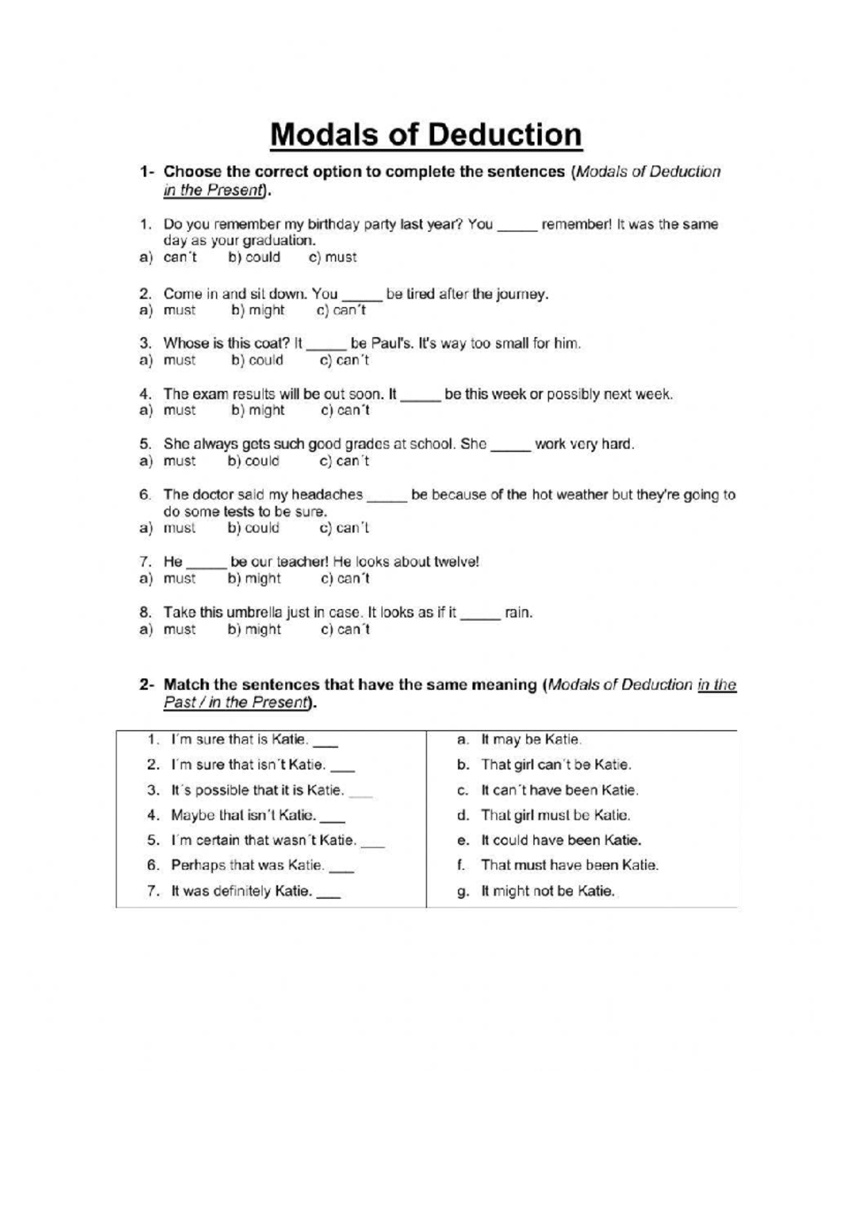 Modals of Deduction (Ejercicios de Repaso) - Practice Exercises - Studocu
