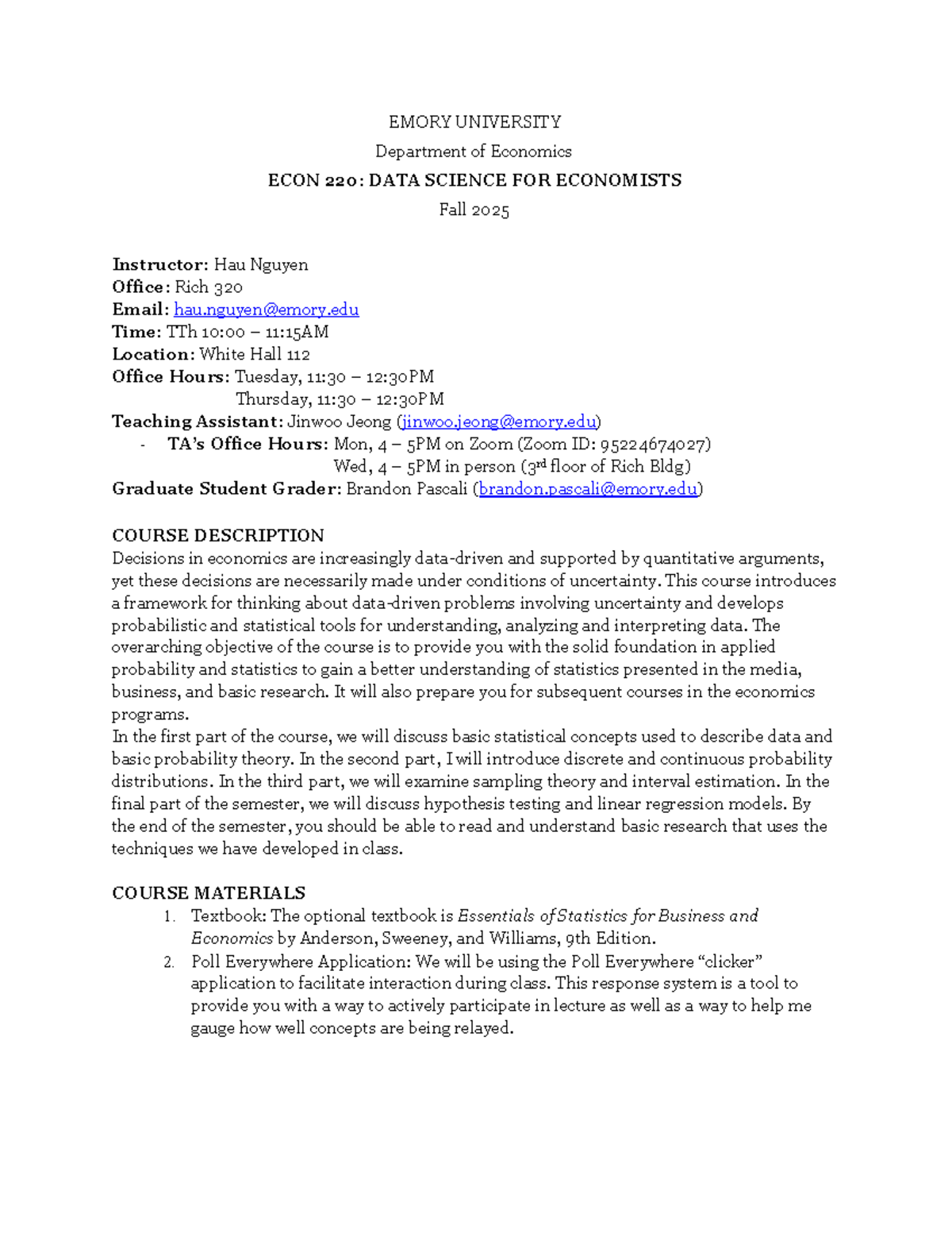 2025 Fall ECON 220: Data Science for Economists Syllabus - Studocu