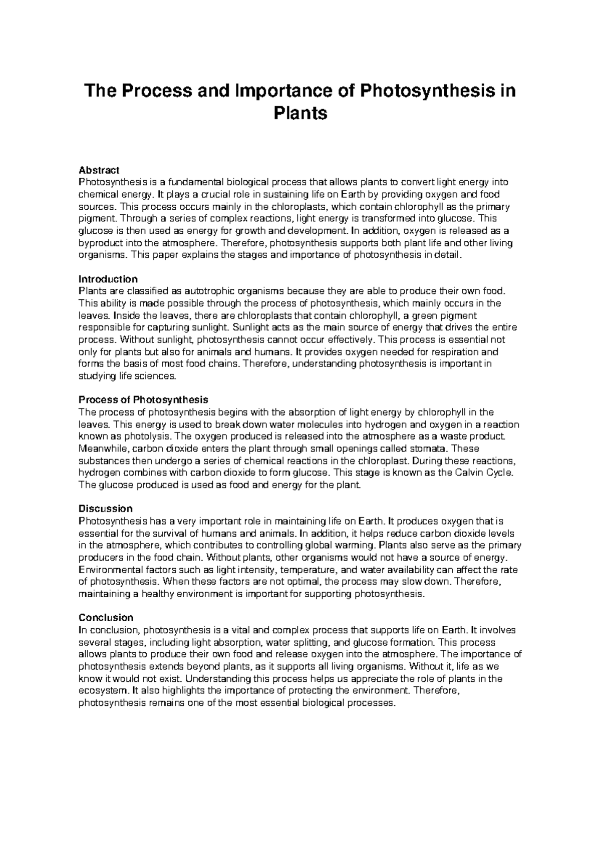 Photosynthesis Process and Importance in Plants - BIO101 Essay Notes ...