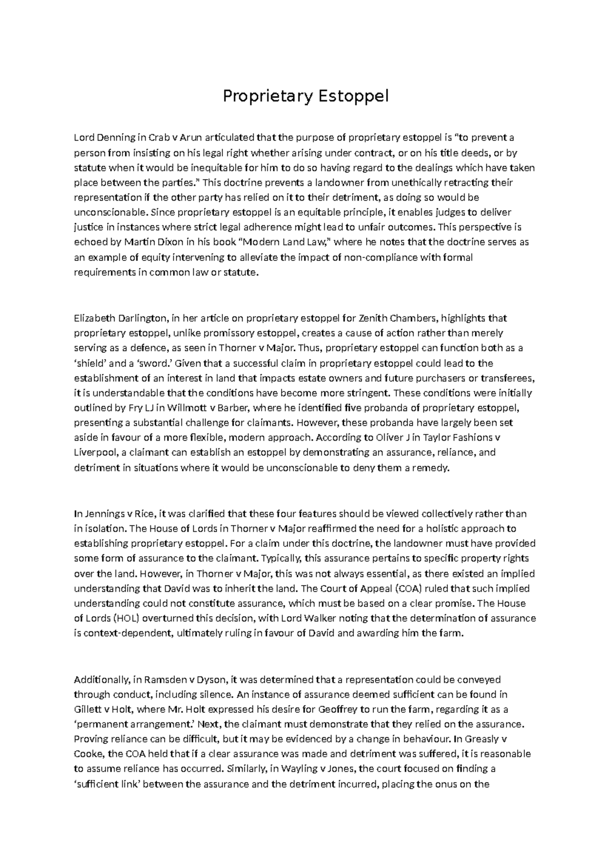 Proprietary Estoppel Essay: Key Cases and Principles Explained - Studocu