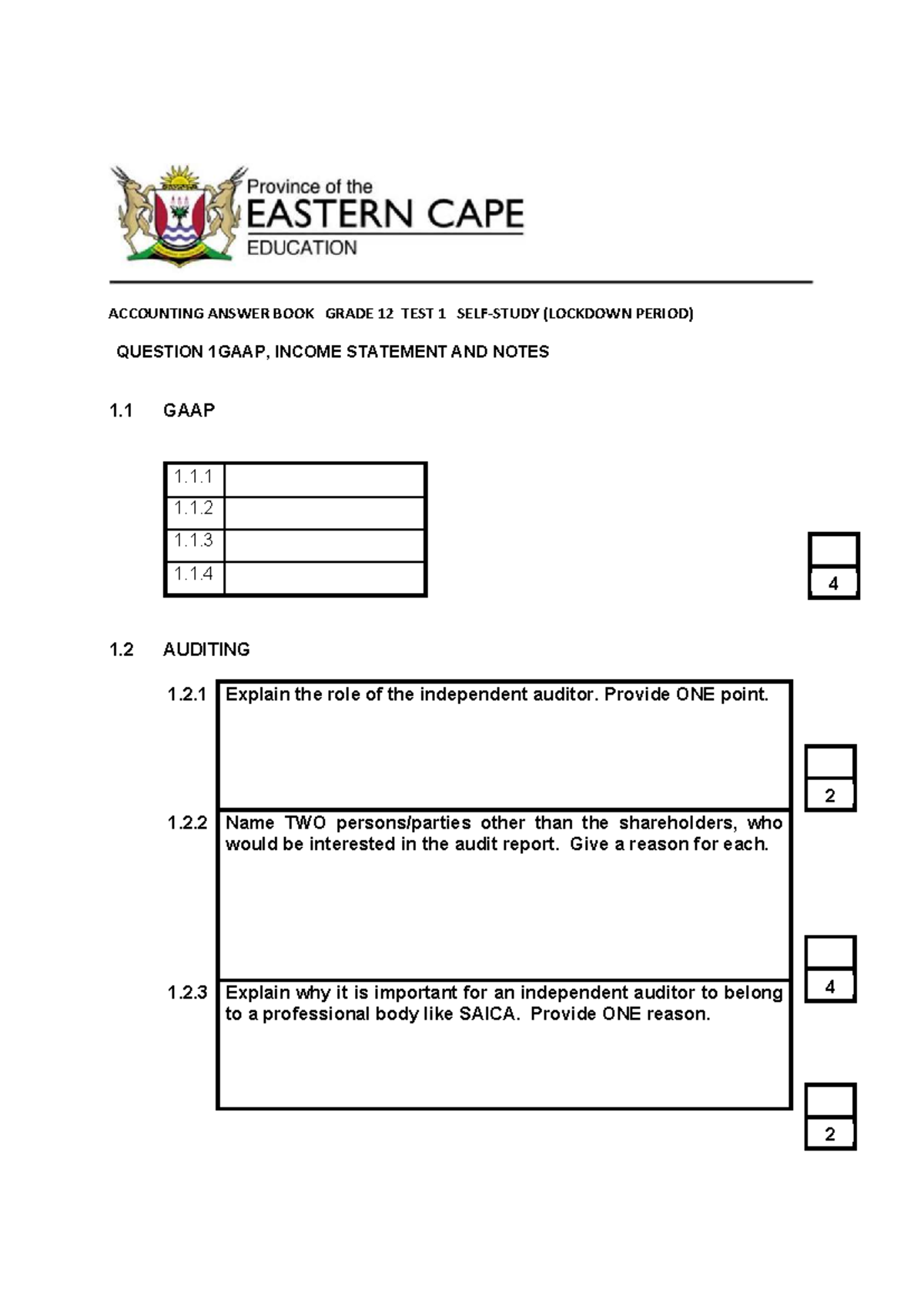 ACCOUNTING GRADE 12 TEST 1: GAAP & INCOME STATEMENT NOTES - Studocu