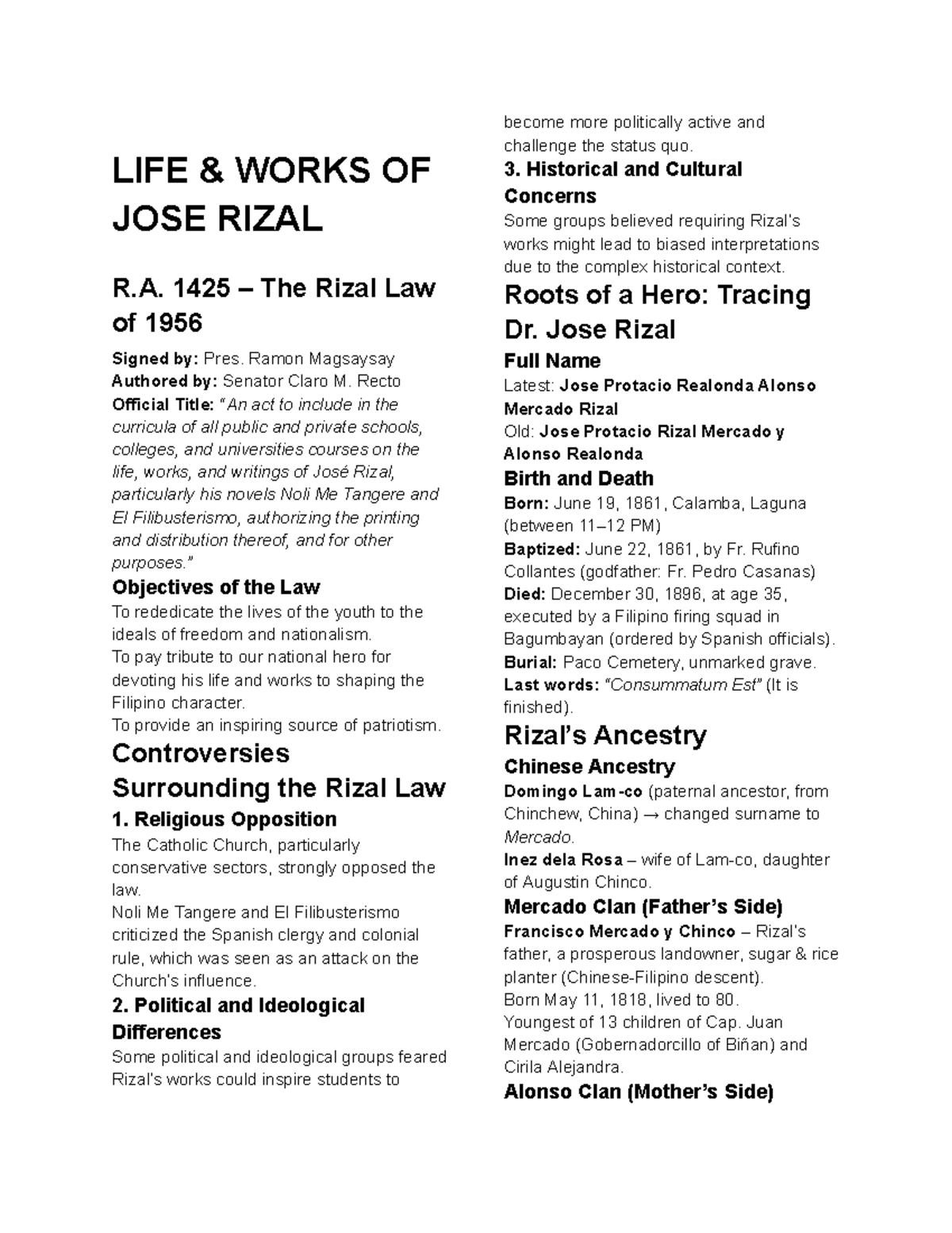 LIFE & WORKS OF JOSE RIZAL R.A. 1425: A Comprehensive Study - Studocu