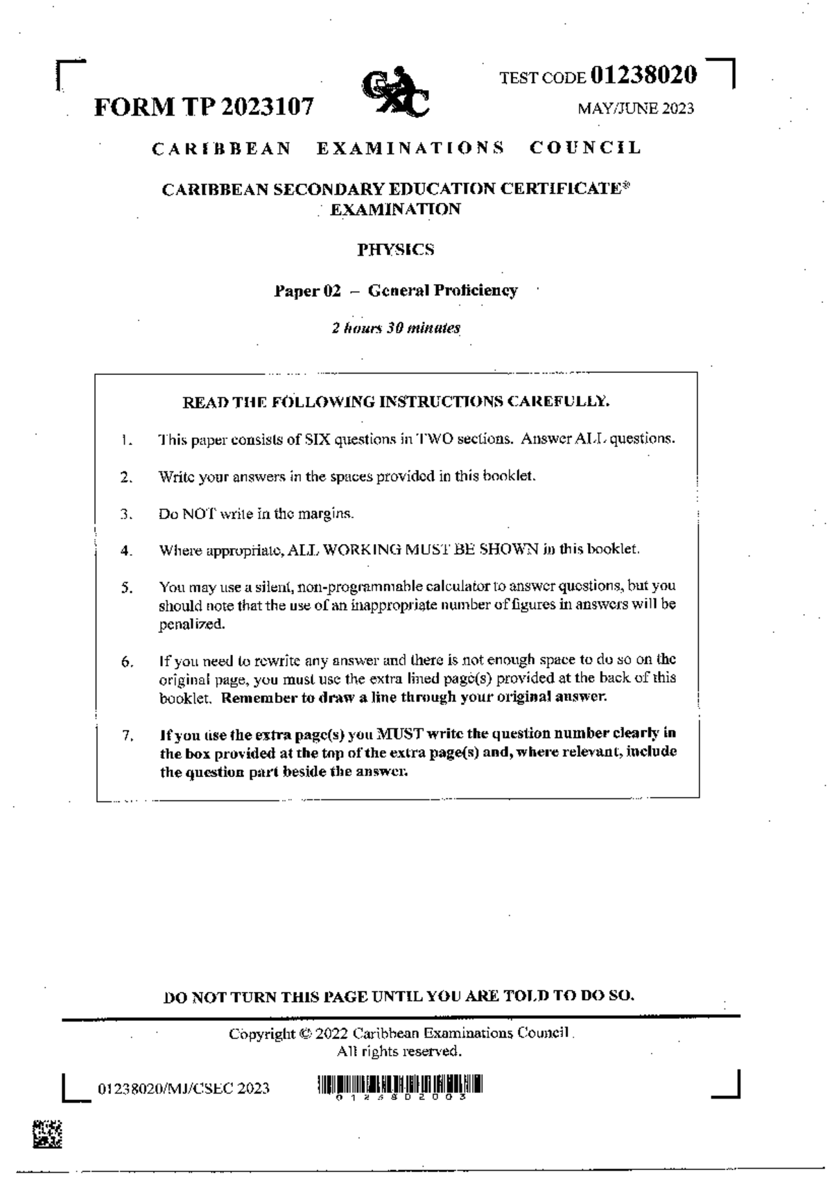CSEC Physics P2 2023 Exam Paper - General Proficiency - Studocu