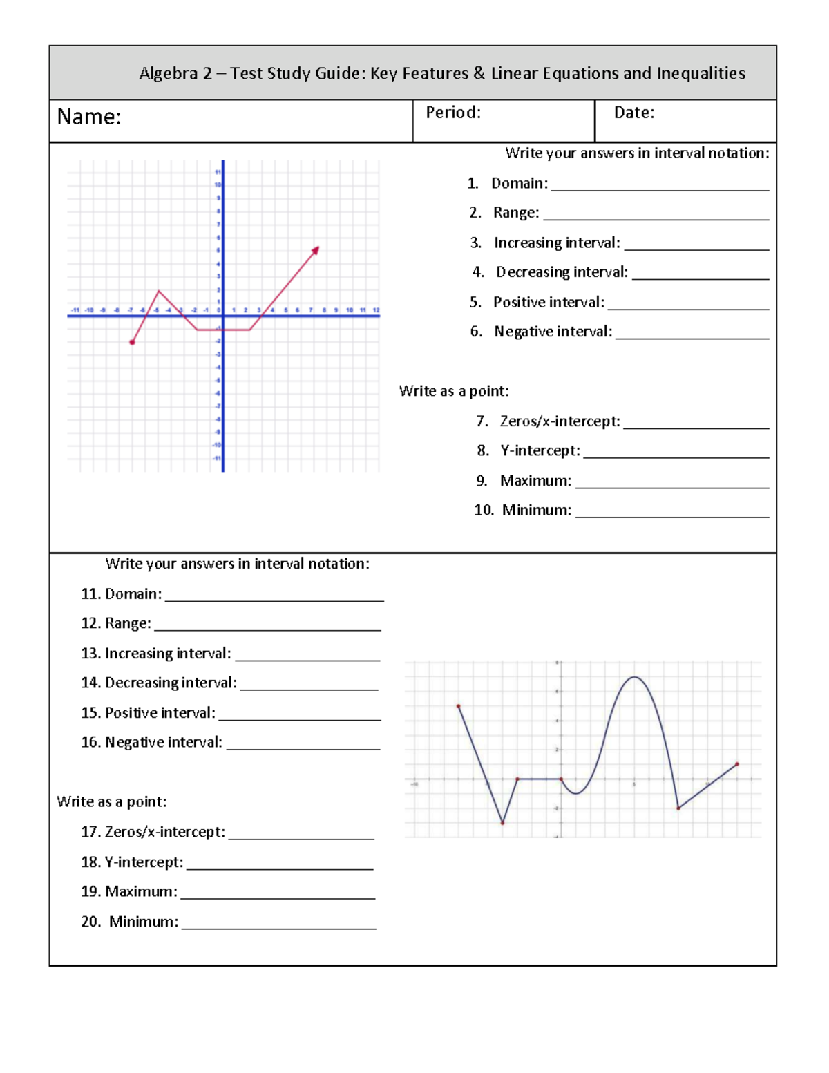 Algebra 2 (Honors) Chapter 1 Test Study Guide: Linear Equations ...
