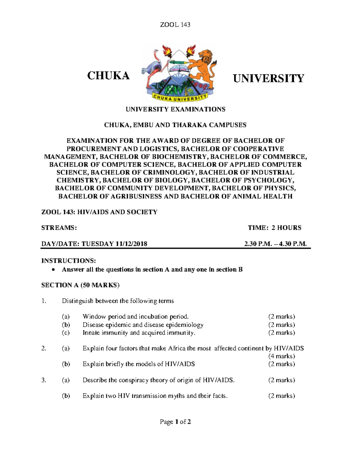 BOTA 131 (2) - Good for study - CHUKA EXAMINATION FOR THE AWARD OF ...