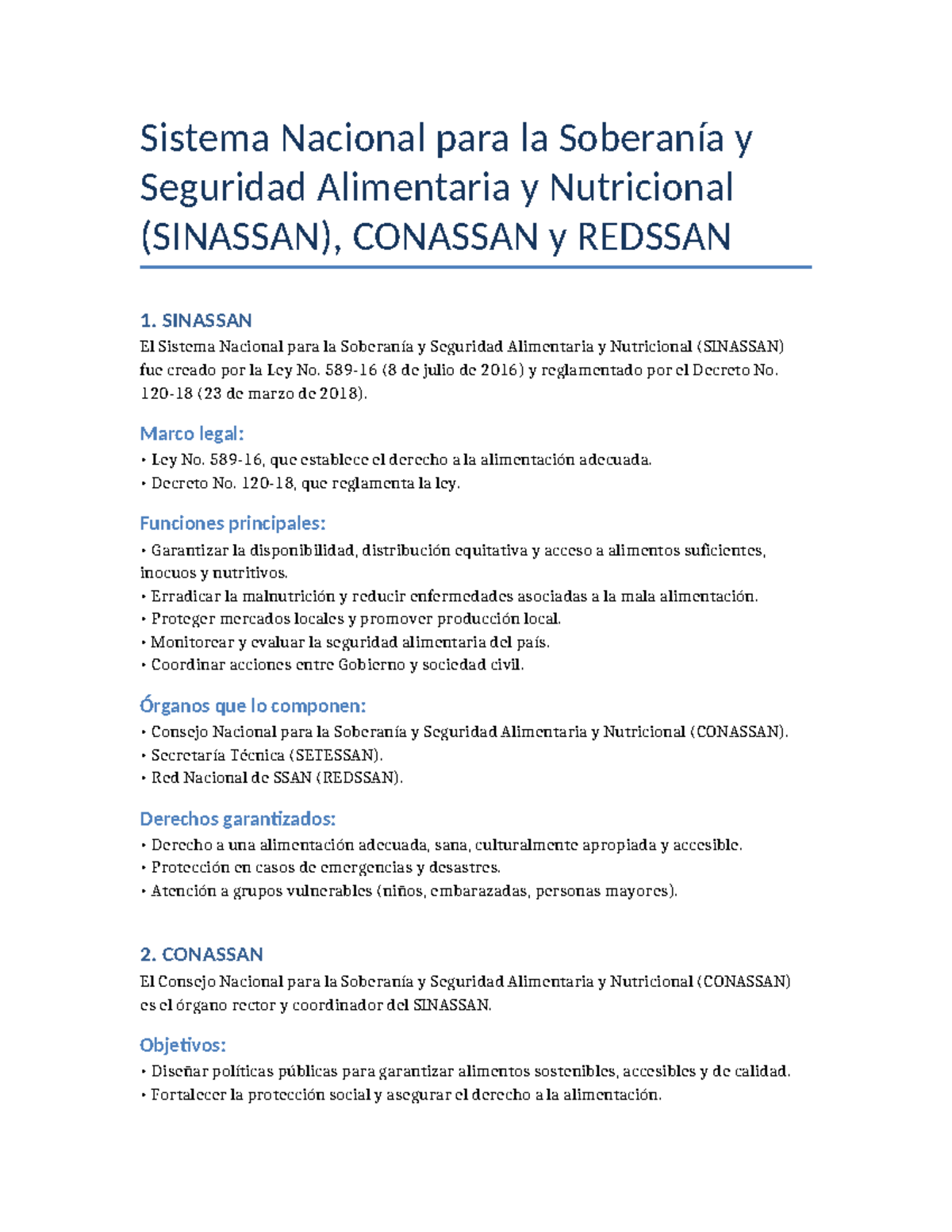 Sistema Nacional de Seguridad Alimentaria y Nutricional (SINASSAN ...