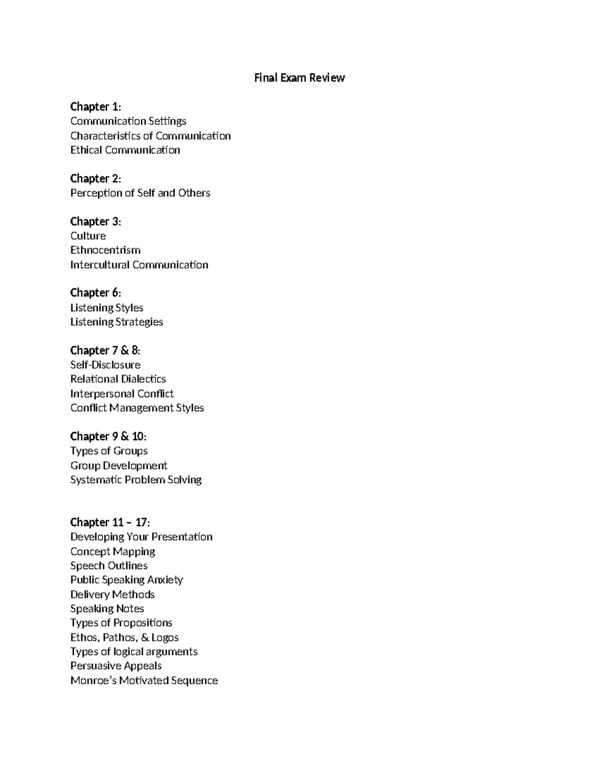 SPCH 1311 Final Exam Review - Final Exam Review Chapter 1 ...