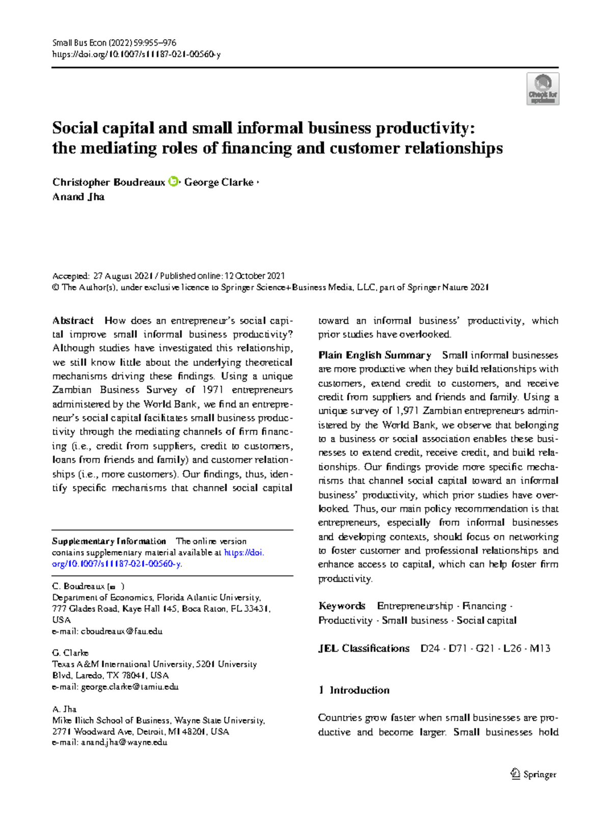 Social Capital & Small Business Productivity: Mediating Roles of ...
