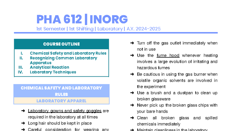 PHA 612 1st Semester Laboratory Safety and Techniques Guide - Studocu