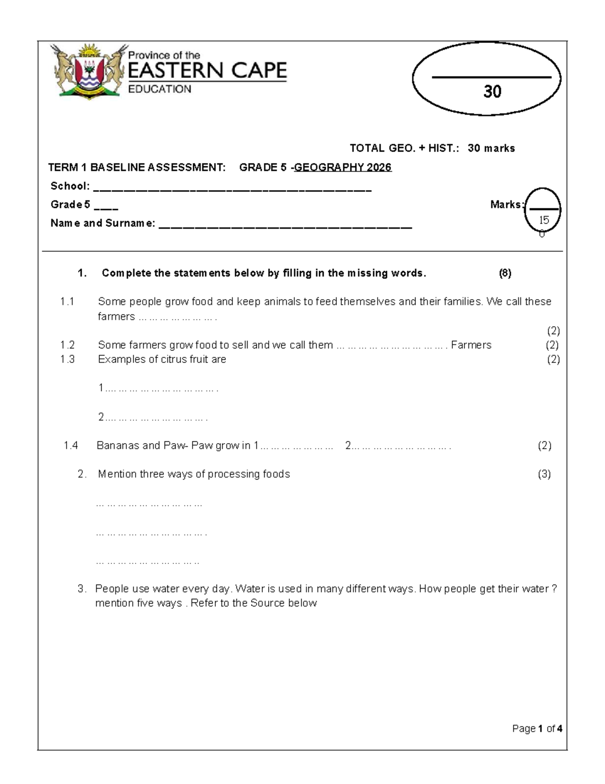 2025-T1-GR 5-GEO & HIST: 30 Marks Baseline Assessment - Document Preview