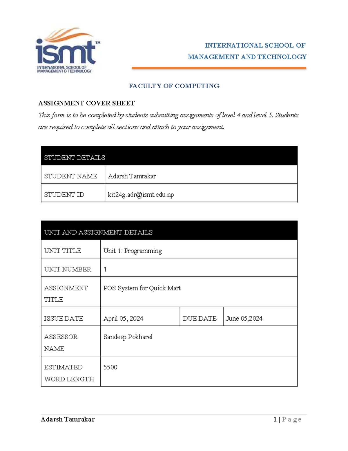 Programming Assignment (Unit 1): POS System for Quick Mart - Sem 1 ...