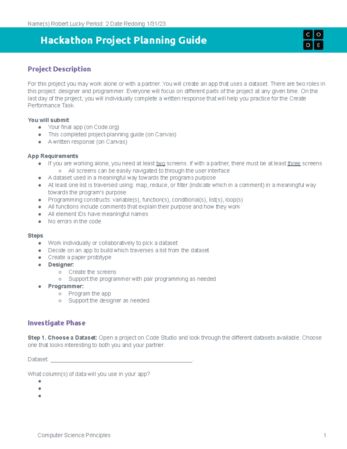 CSP Unit 5: Hackathon Project Planning Guide for App Development - Studocu