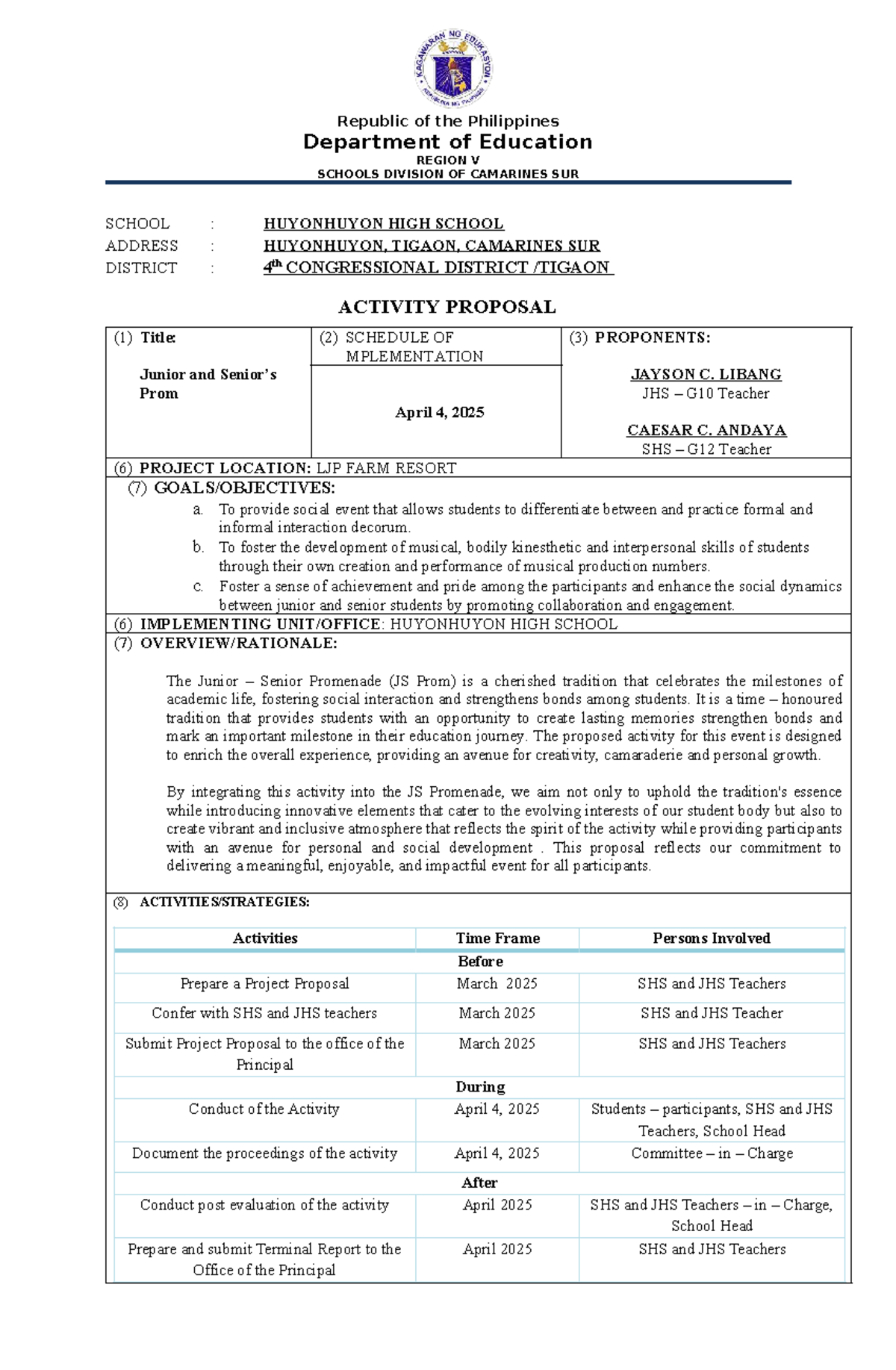 Activity Proposal for Junior-Senior Prom (JS Prom) at Huyonhuyon High ...