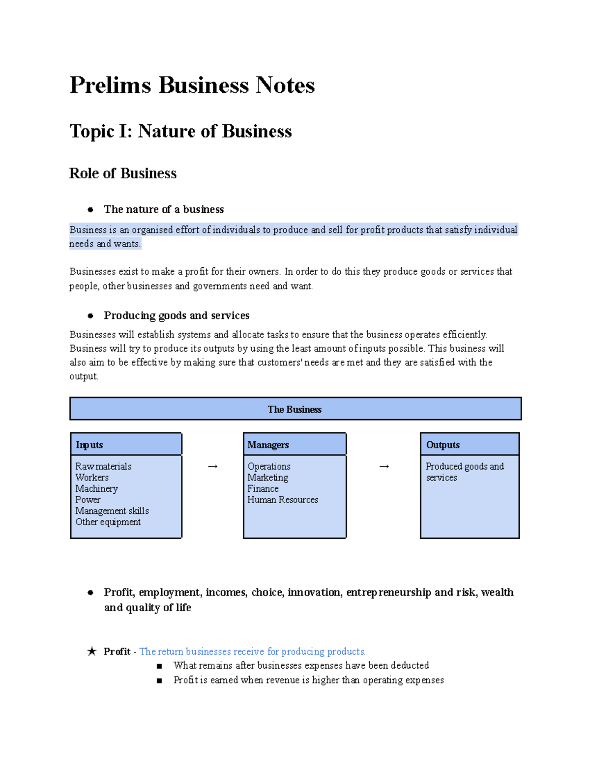 Bus Prelim Notes: Nature & Role of Business in Economy - Studocu