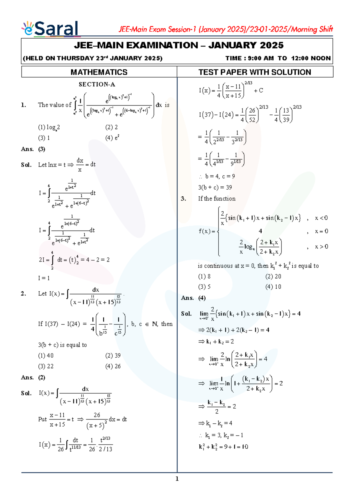 13126 JEE Main 2025 Math Question Paper with Solutions - 23 Jan Shift 1 ...