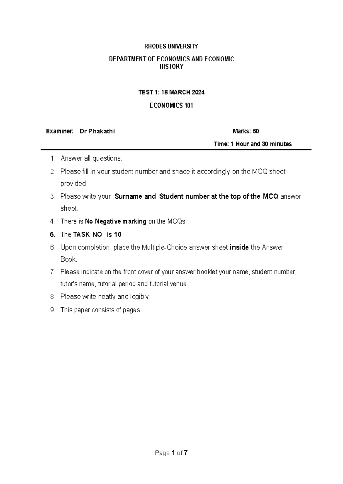 Economics 101 Test 1 Practice - RHODES UNIVERSITY 2024 - Studocu