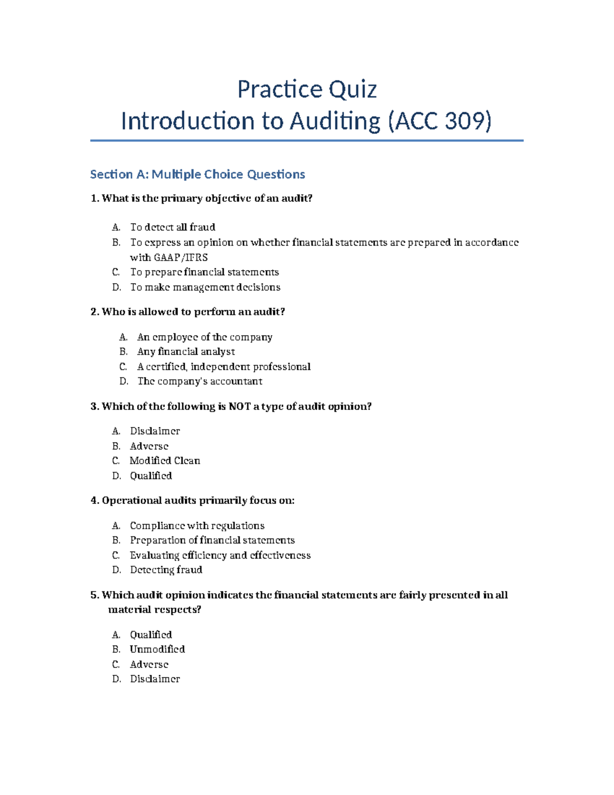Auditing Practice Quiz (ACC 309) - Multiple Choice Questions - Studocu