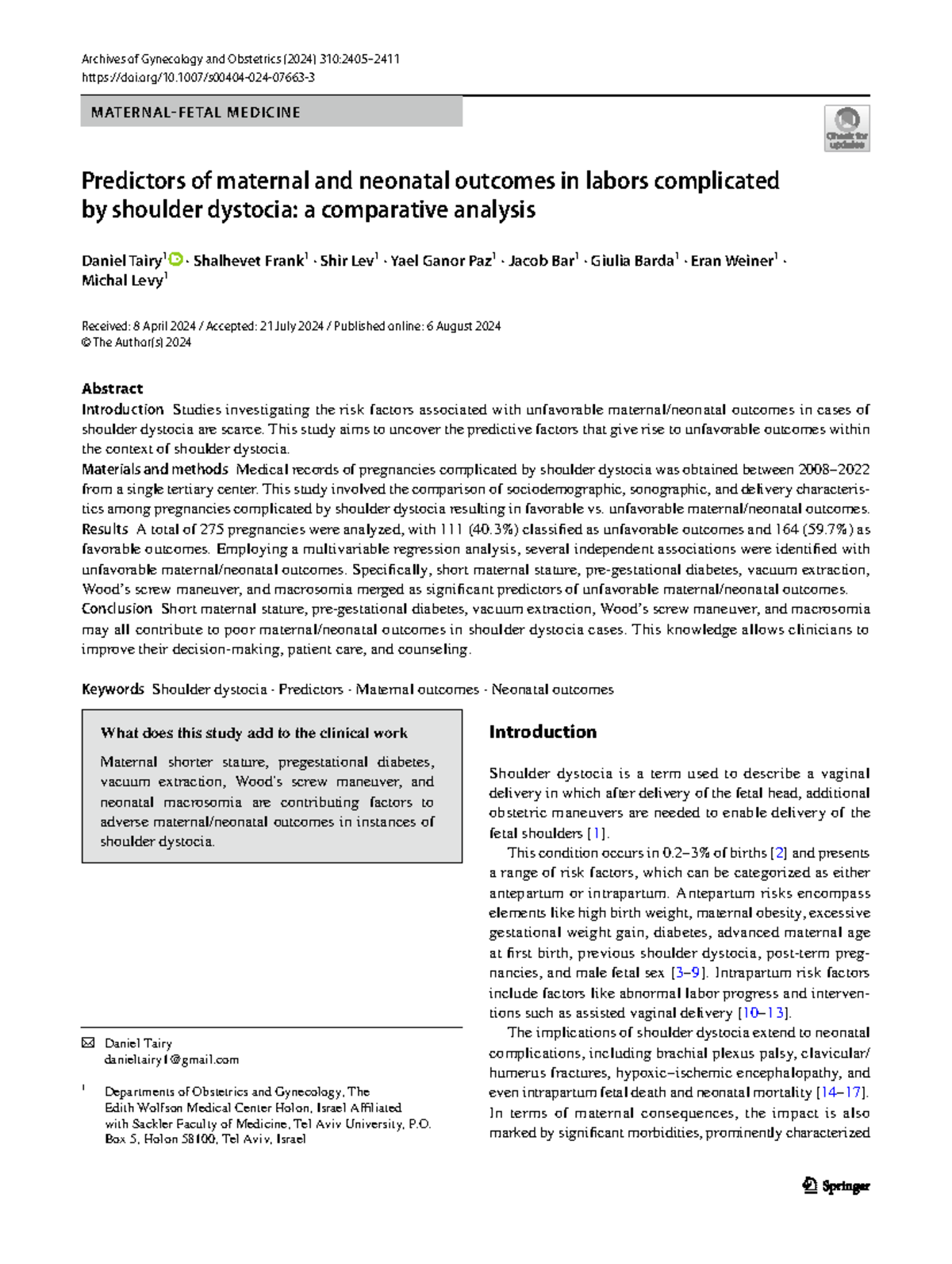 Predictors of Maternal and Neonatal Outcomes in Shoulder Dystocia: A ...