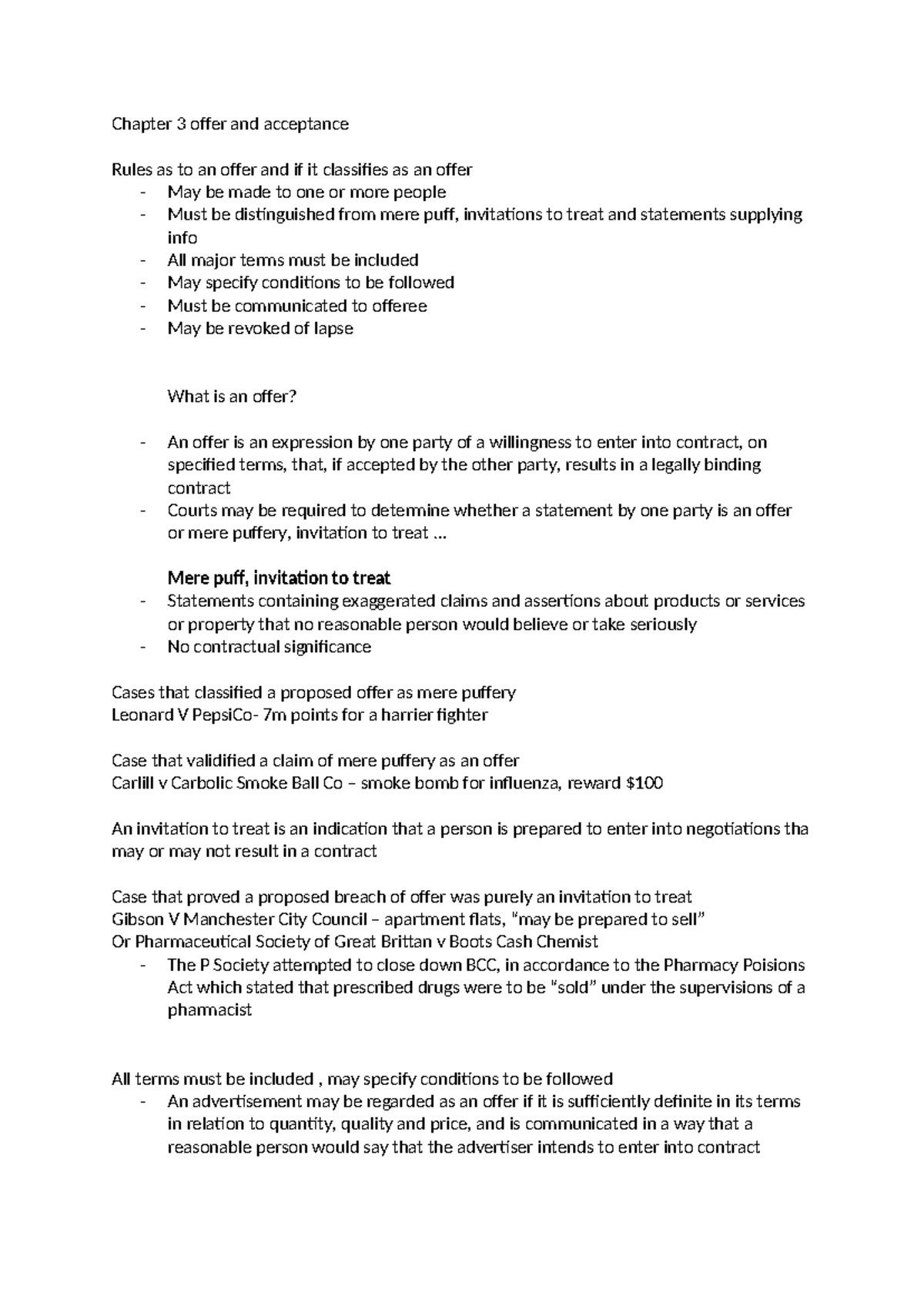 Chapter 3 Notes: Offer and Acceptance Principles and Cases - Studocu