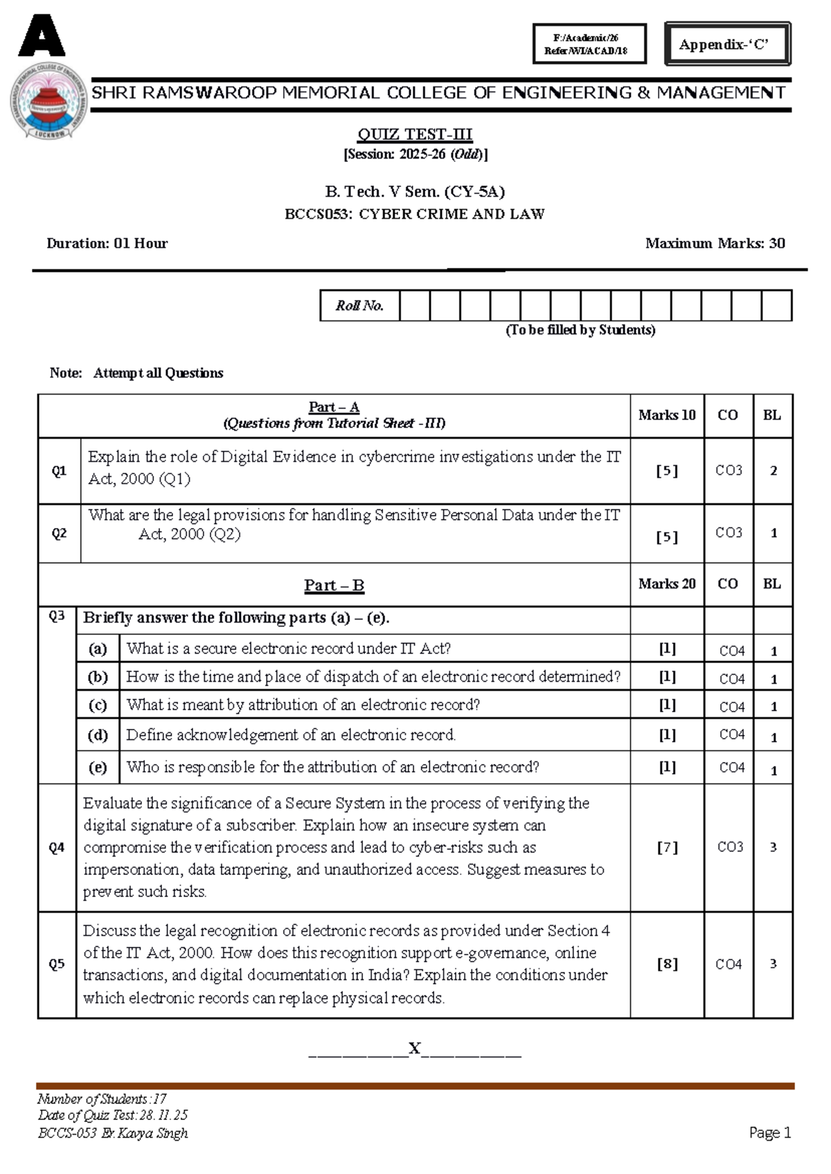 B. Tech. V Sem. Quiz on Cyber Crime and Law (BCCS053) - 28 Nov 2025 ...