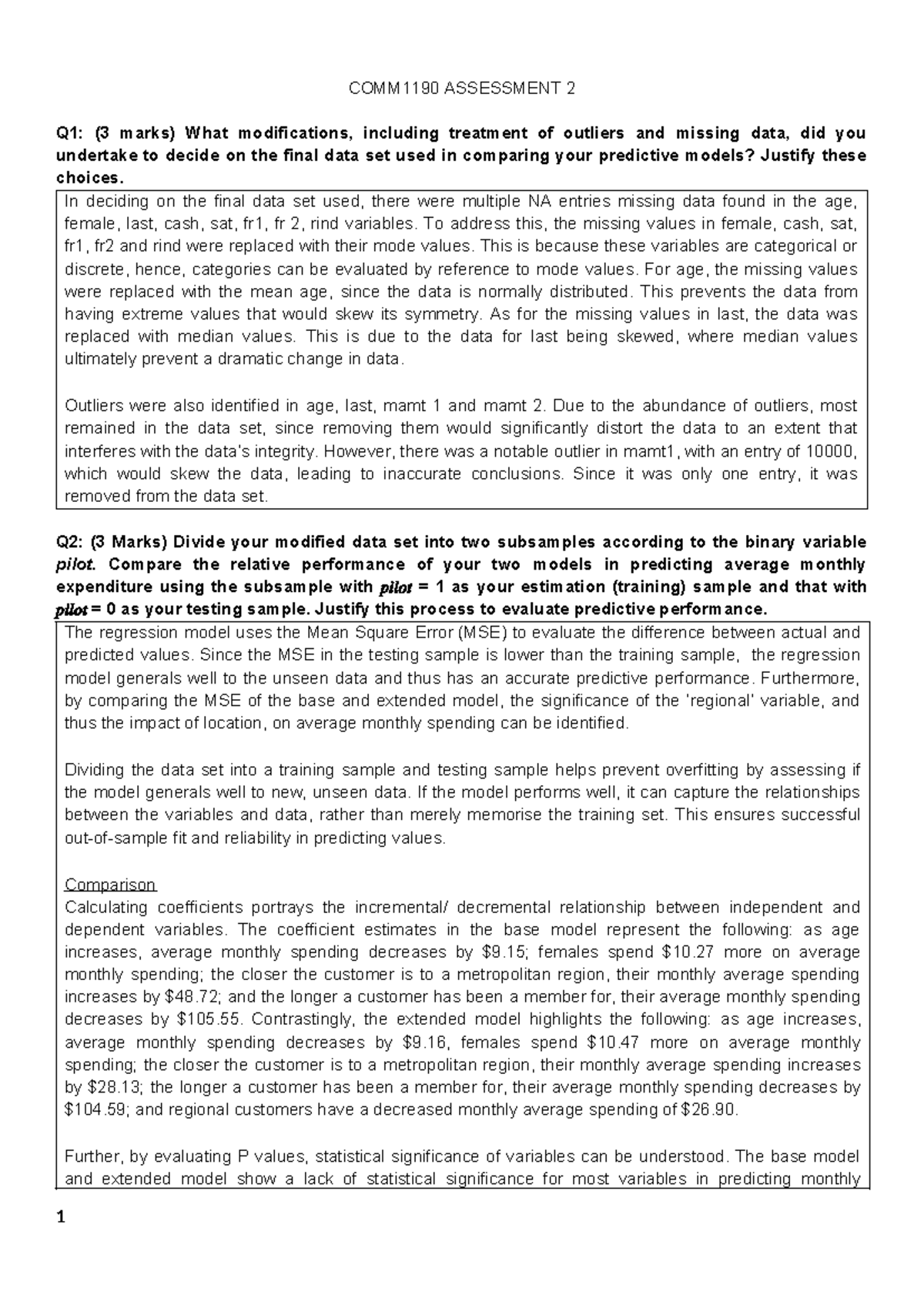 COMM1190 Assignment 2: Data Modifications & Predictive Model Analysis ...