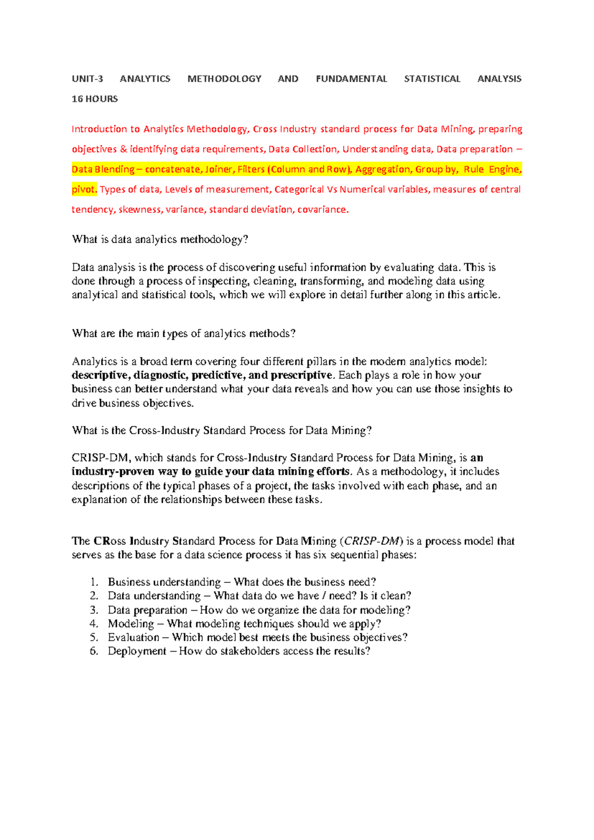 BA Unit-3: Analytics Methodology & Statistical Analysis Notes - Studocu