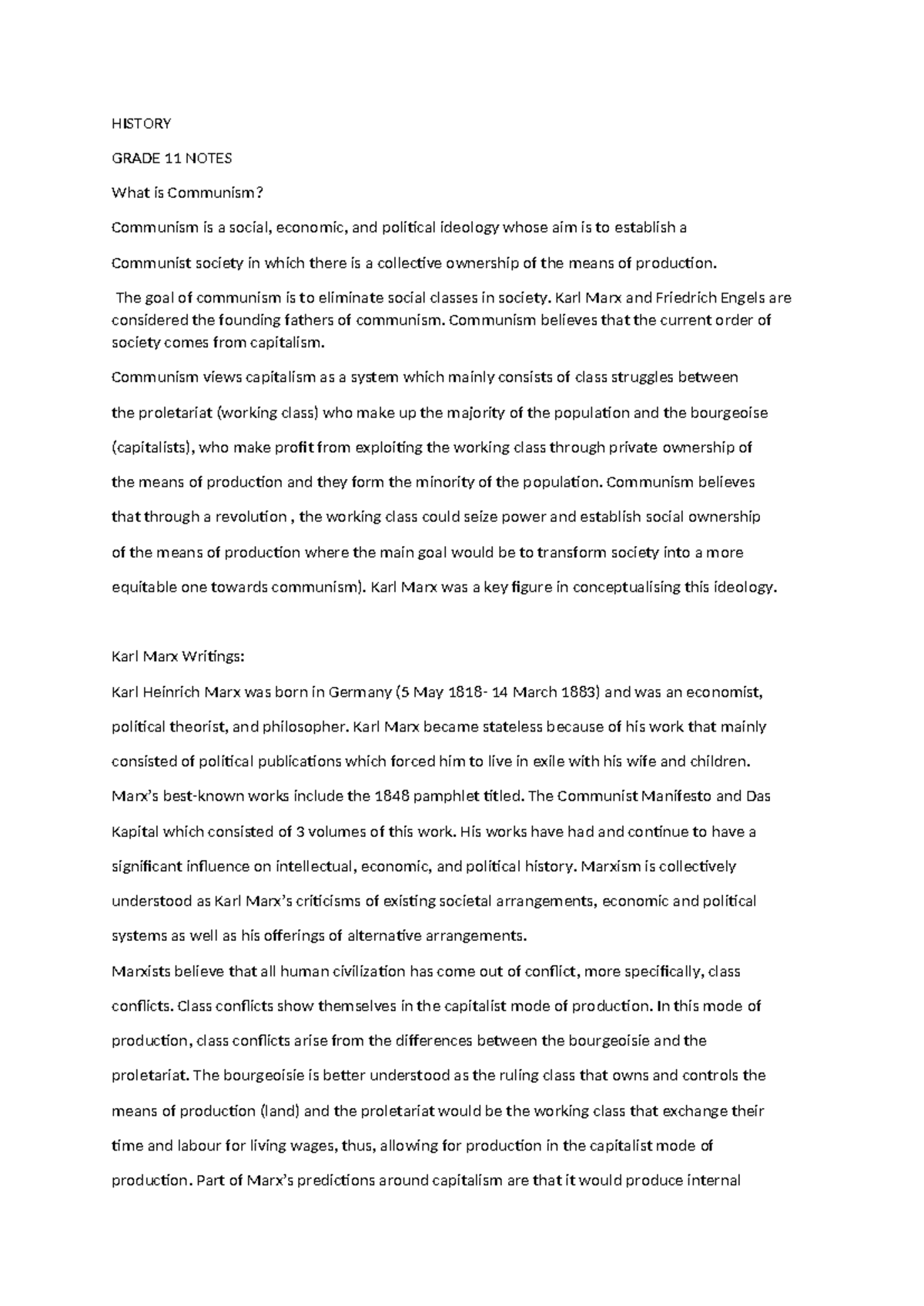 HISTORY GRADE 11: Notes on Communism and Marx's Ideology - Studocu