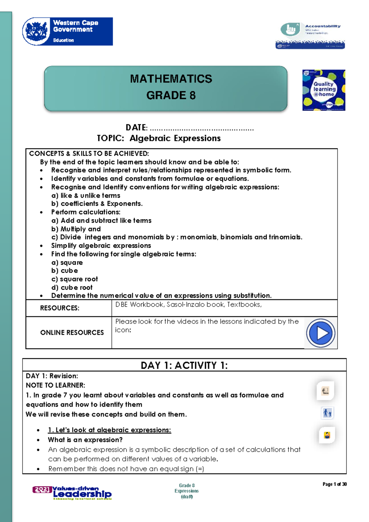 Maths Gr 8 Algebraic expressions 1 - Page 1 of 30 Grade 8 Expressions ...