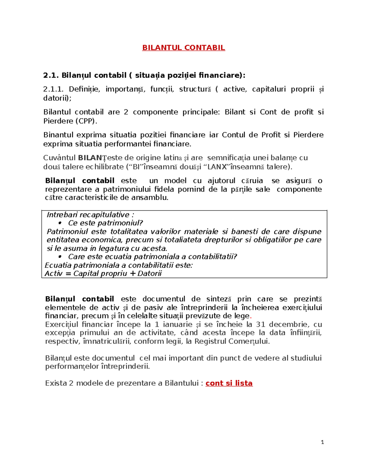 BIL 2.1. Bilanțul Contabil: Definiții, Structură și Funcții - Studocu