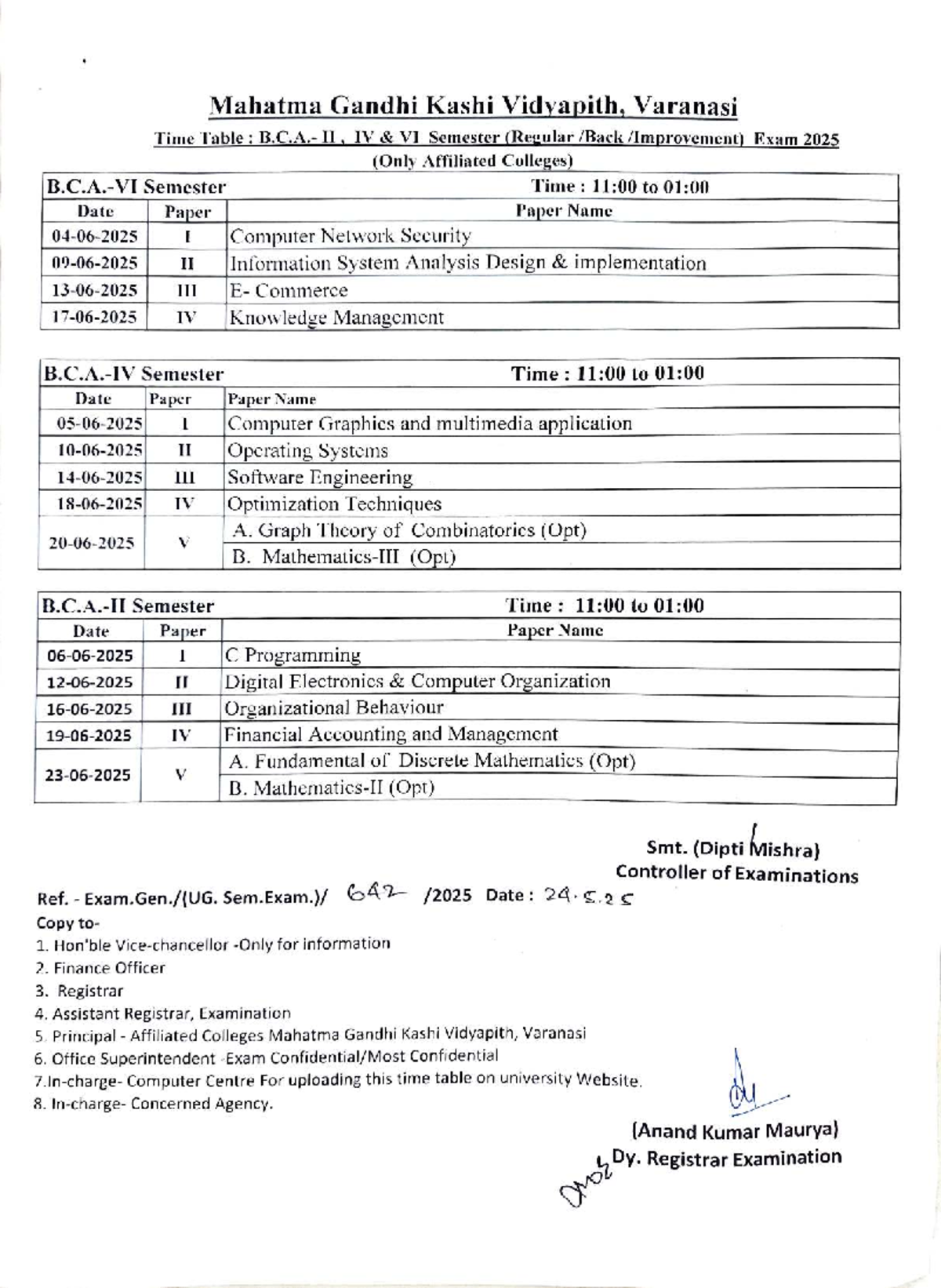 BCA II, IV & VI Sem Time Table for Regular Exam 2025 (Affiliated ...