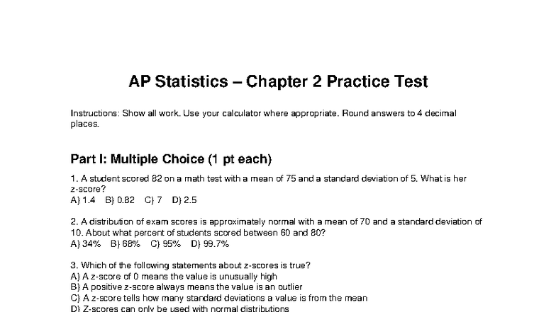 AP Statistics (APST 101) Chapter 2 Practice Test Questions - Studocu