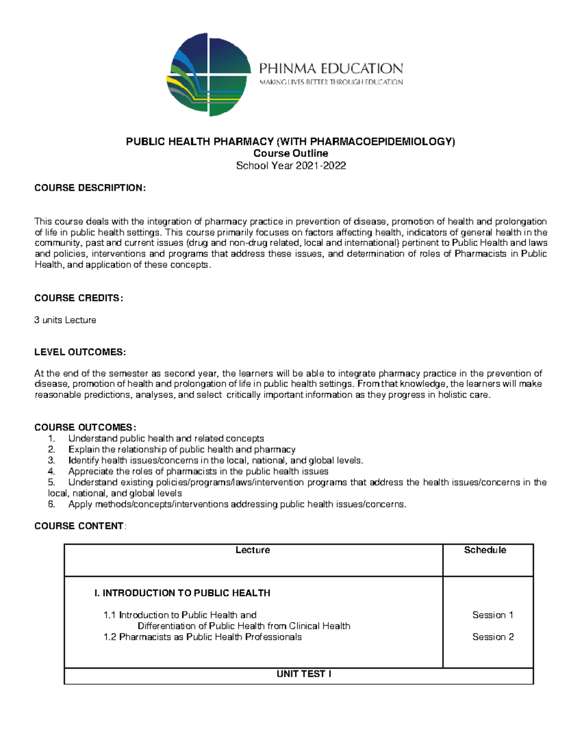 PHA 062 - Public Health Pharmacy: Lecture Notes and Activities ...