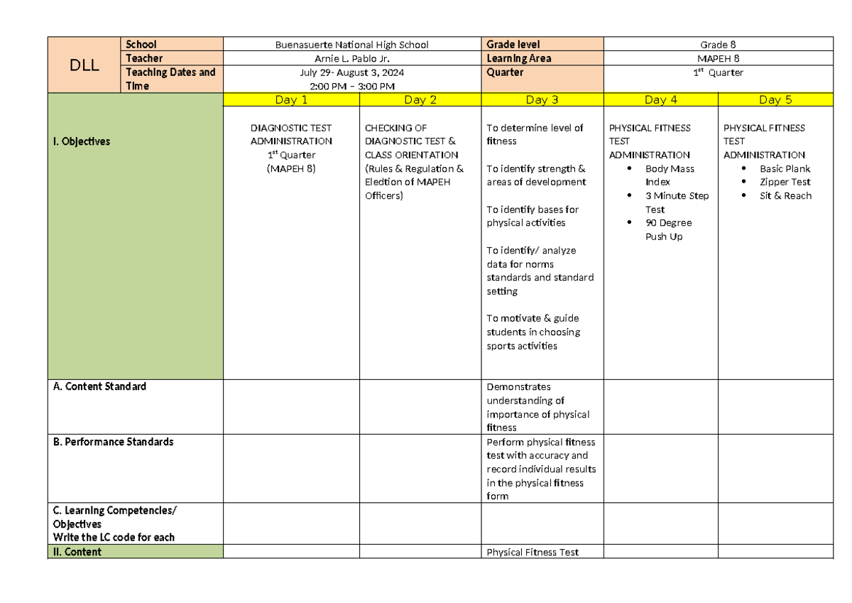 DLL Mapeh 8 1Q Week 1 - Daily lesson log - DLL School Buenasuerte ...