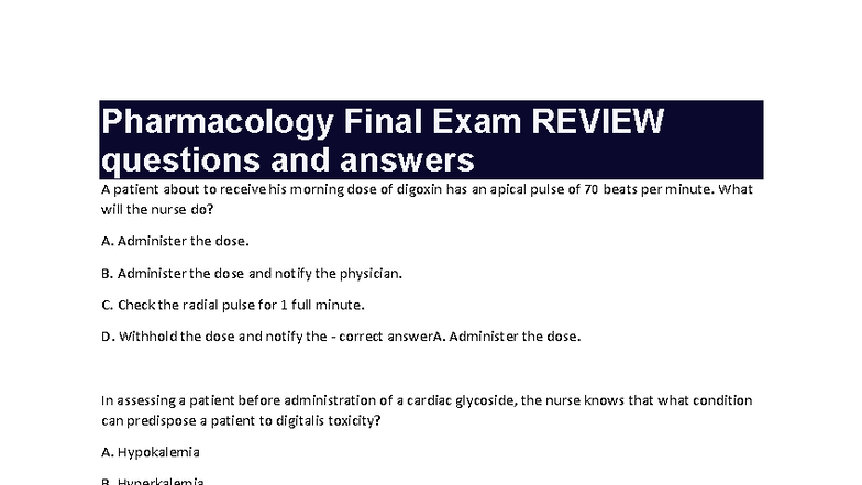 Pharmacology Final Exam REVIEW: Key Questions & Answers - Studocu