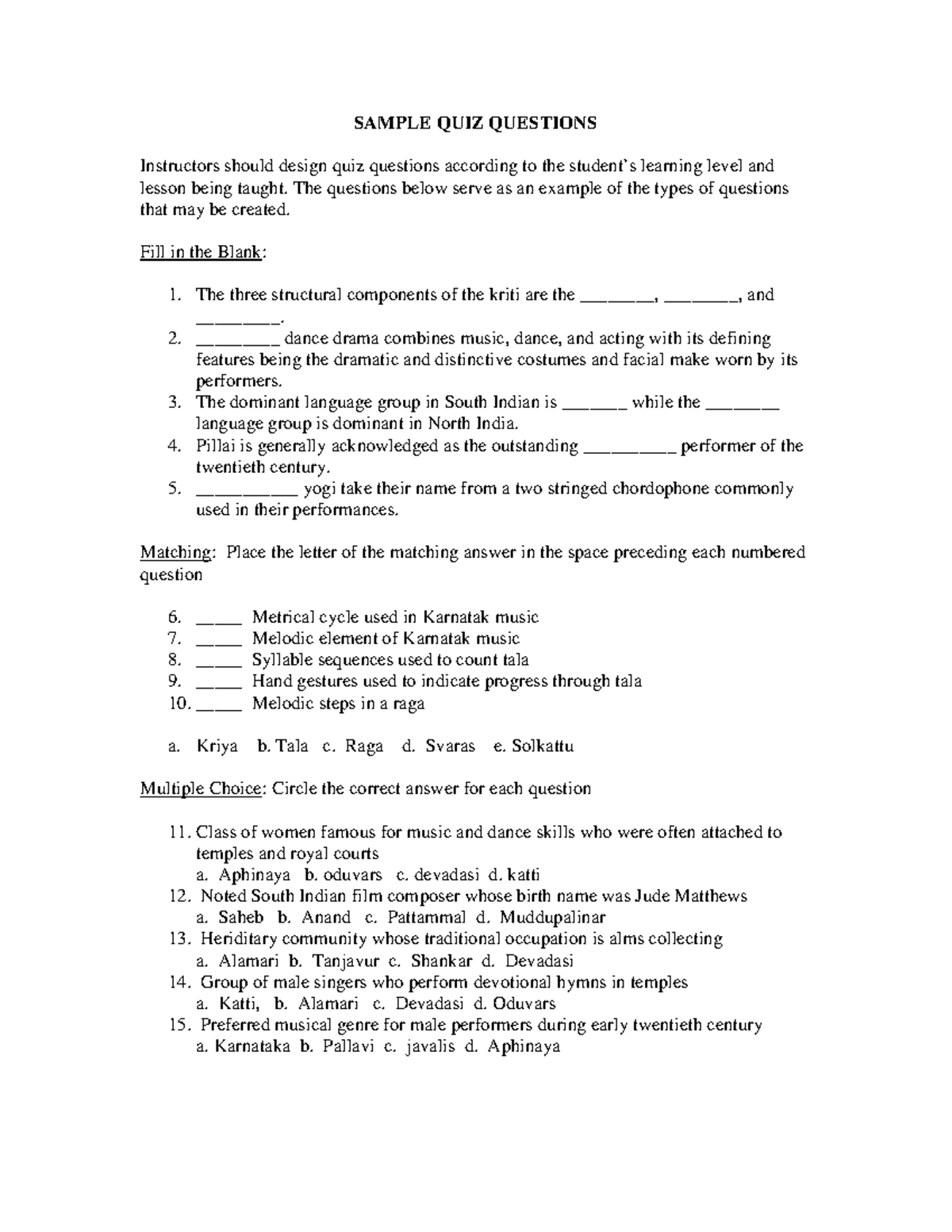 SQ1 - Quiz - SAMPLE QUIZ QUESTIONS Instructors should design quiz ...