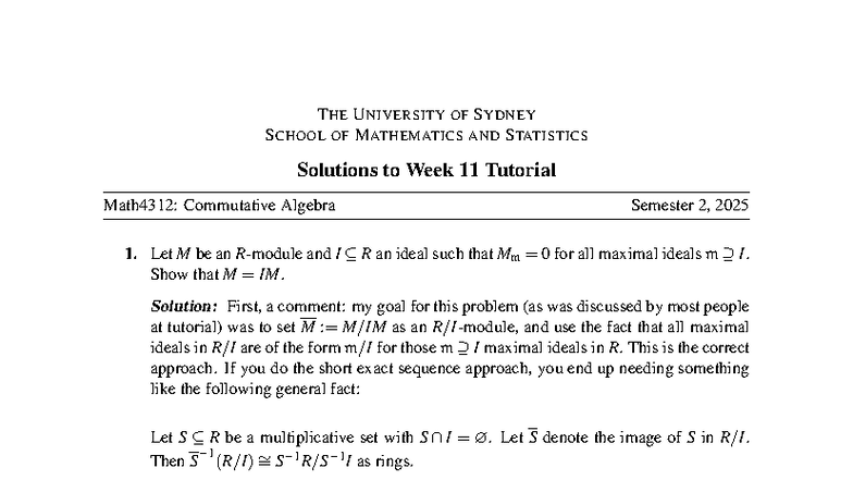Week 11 Tutorial Solutions for Math4312: Commutative Algebra - Studocu