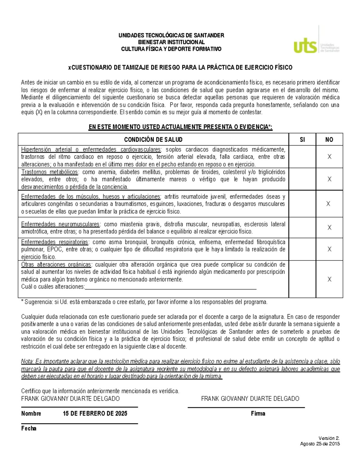 FGDD Grupo E 131 - Cuestionario de Tamizaje para Ejercicio Físico - Studocu