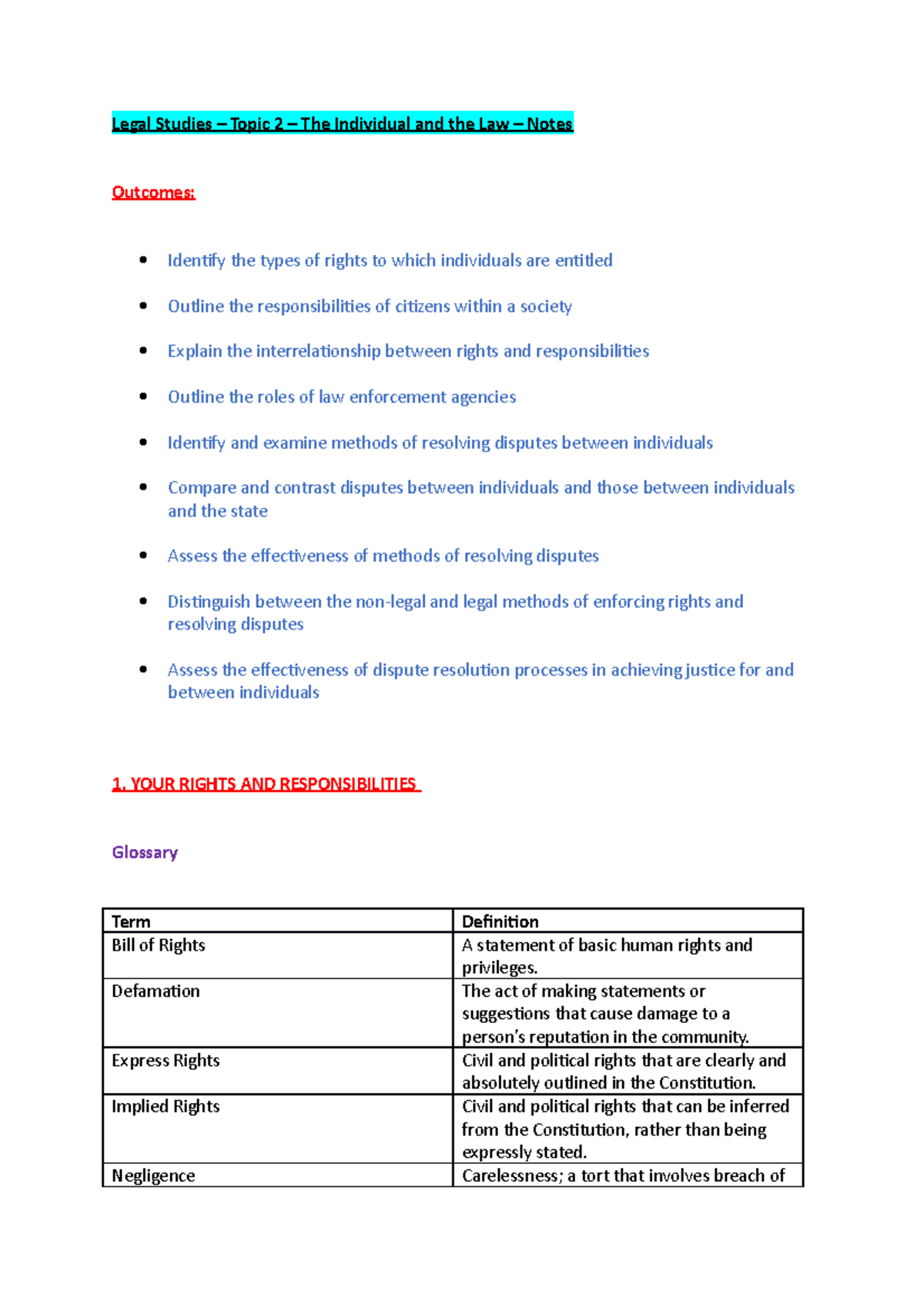 Legal Studies – Topic 2 – The Individual and the Law – Notes - Legal ...