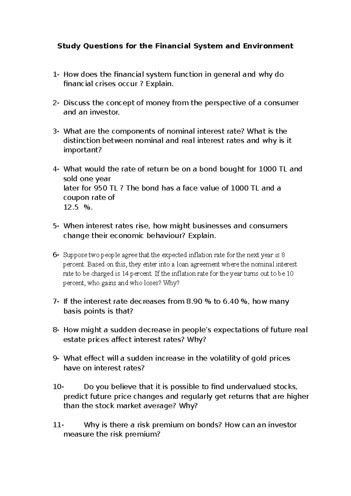 Study Questions for FIN 101: Financial System & Environment - Studocu