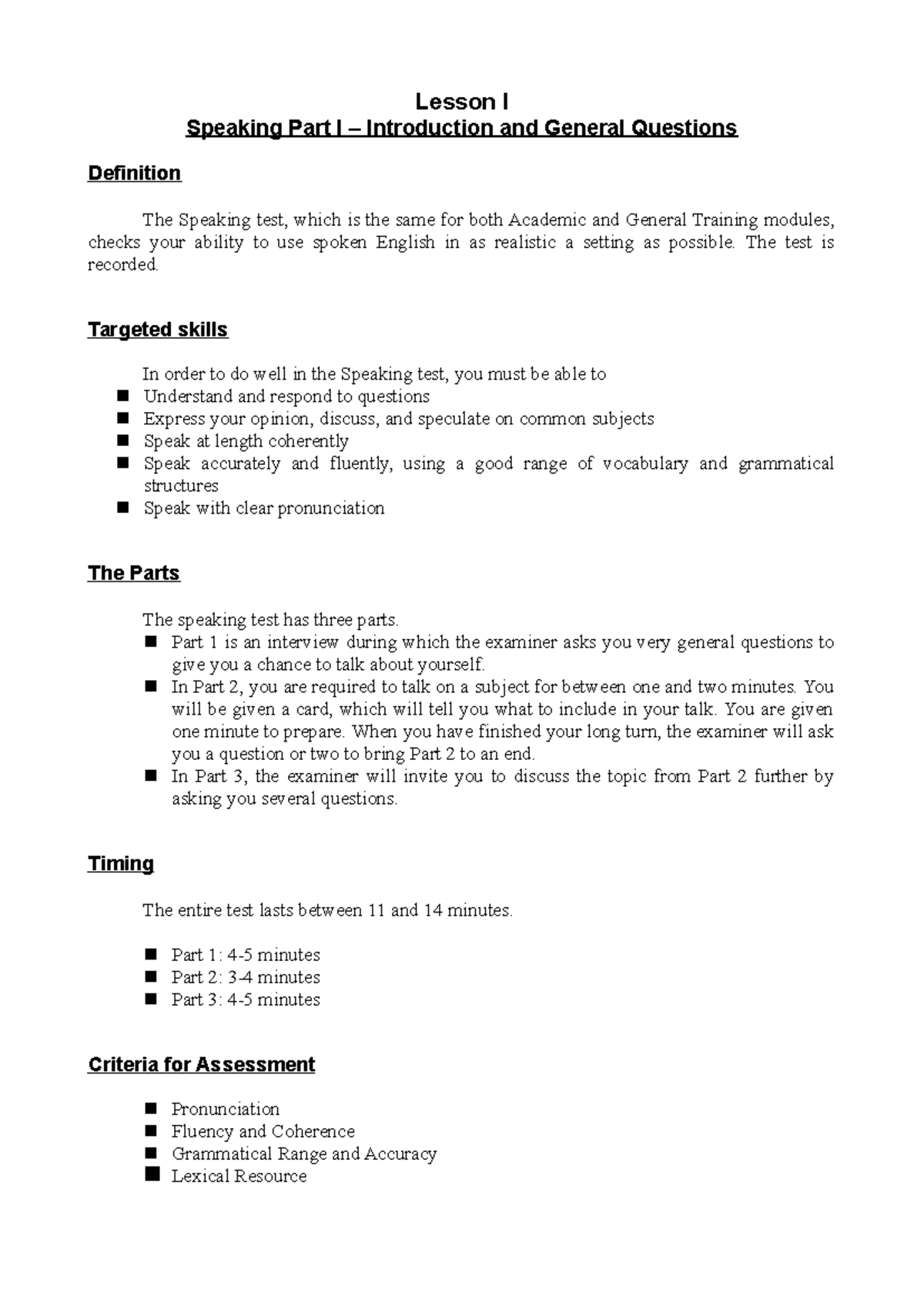 Speaking Part I (IELTS) - Intro & General Questions Guide - Studocu