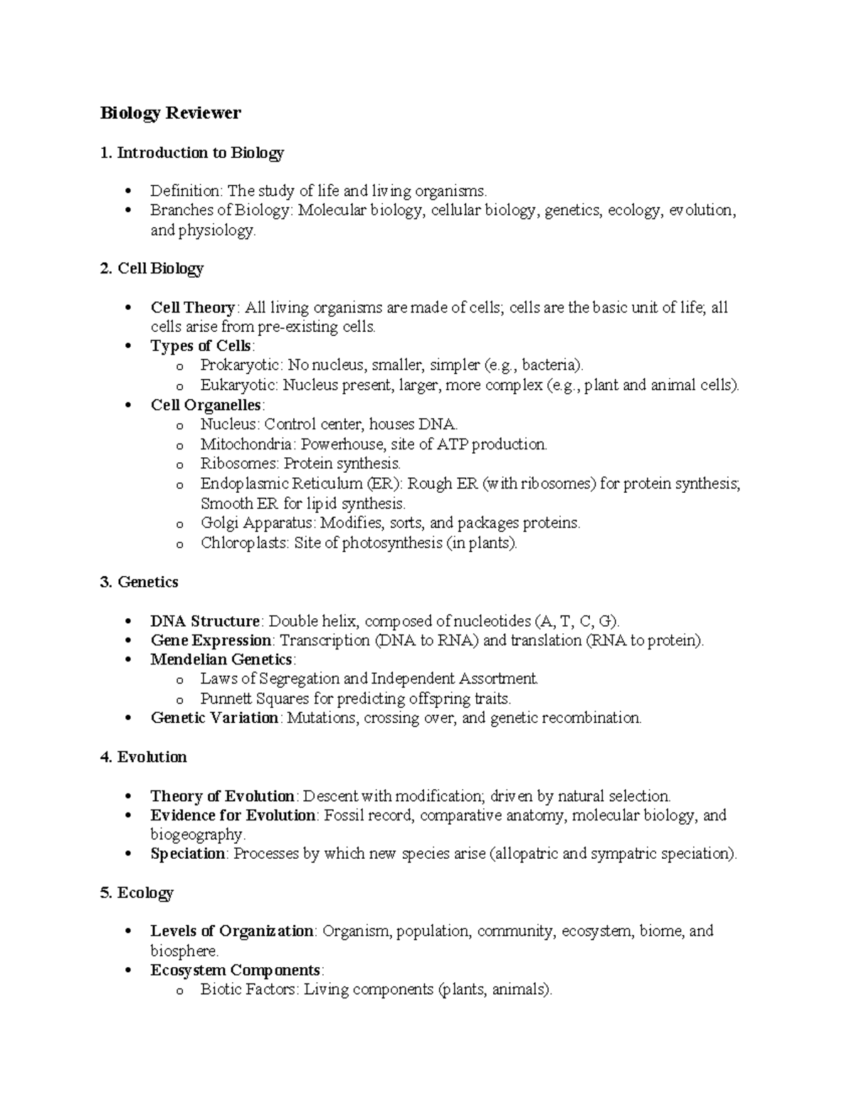 Biology 101 Final Exam Reviewer: Key Concepts & Terminology - Studocu