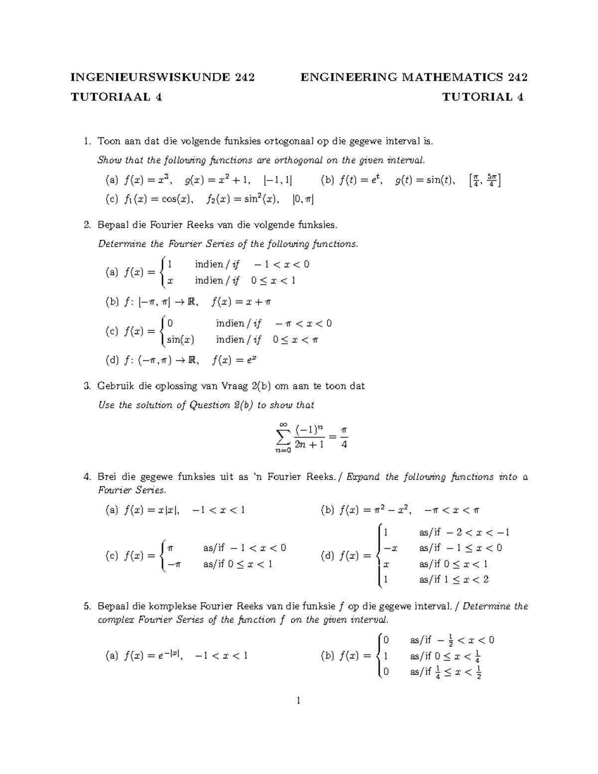 Ingenieurswiskunde 242: Tutorial 4 - Fourier Series & Orthogonality ...