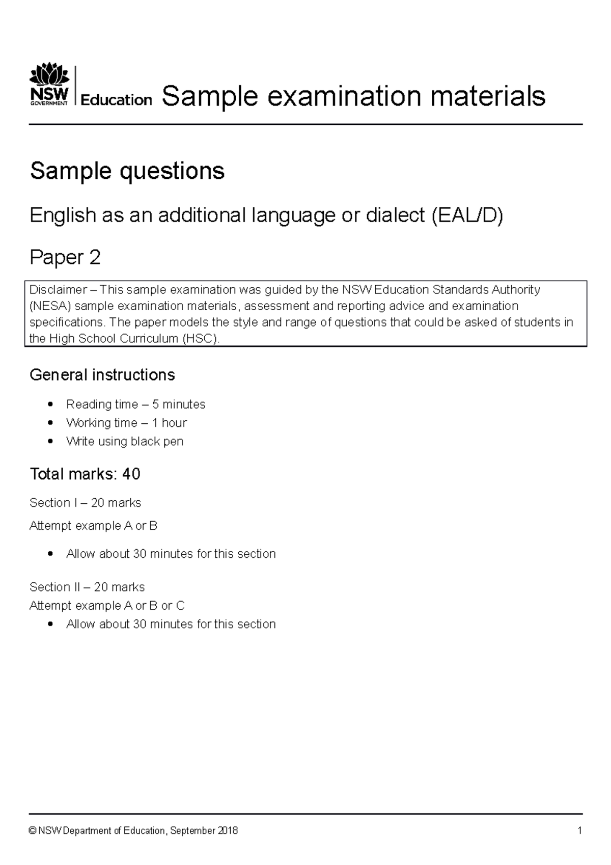EAL/D HSC Examination Sample Paper 2: Language & Text Analysis - Studocu