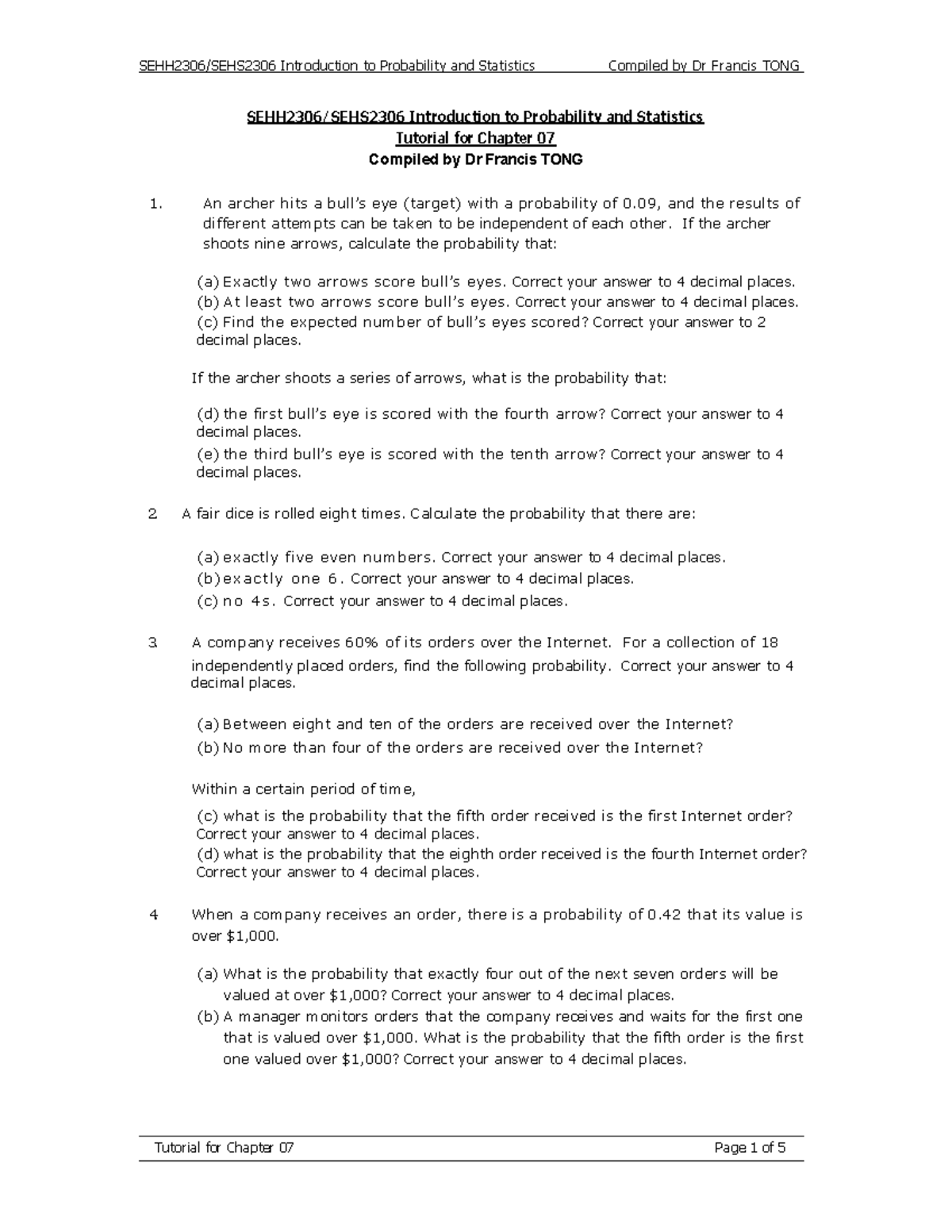 Ch7 Tutorial on Probability & Statistics (Q2025) - Studocu