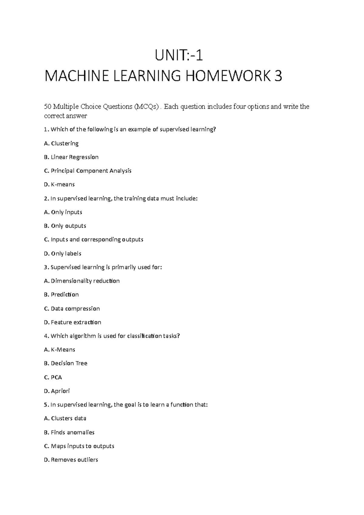 MACHINE LEARNING HW3: 50 MCQs on Supervised Learning Concepts - Studocu