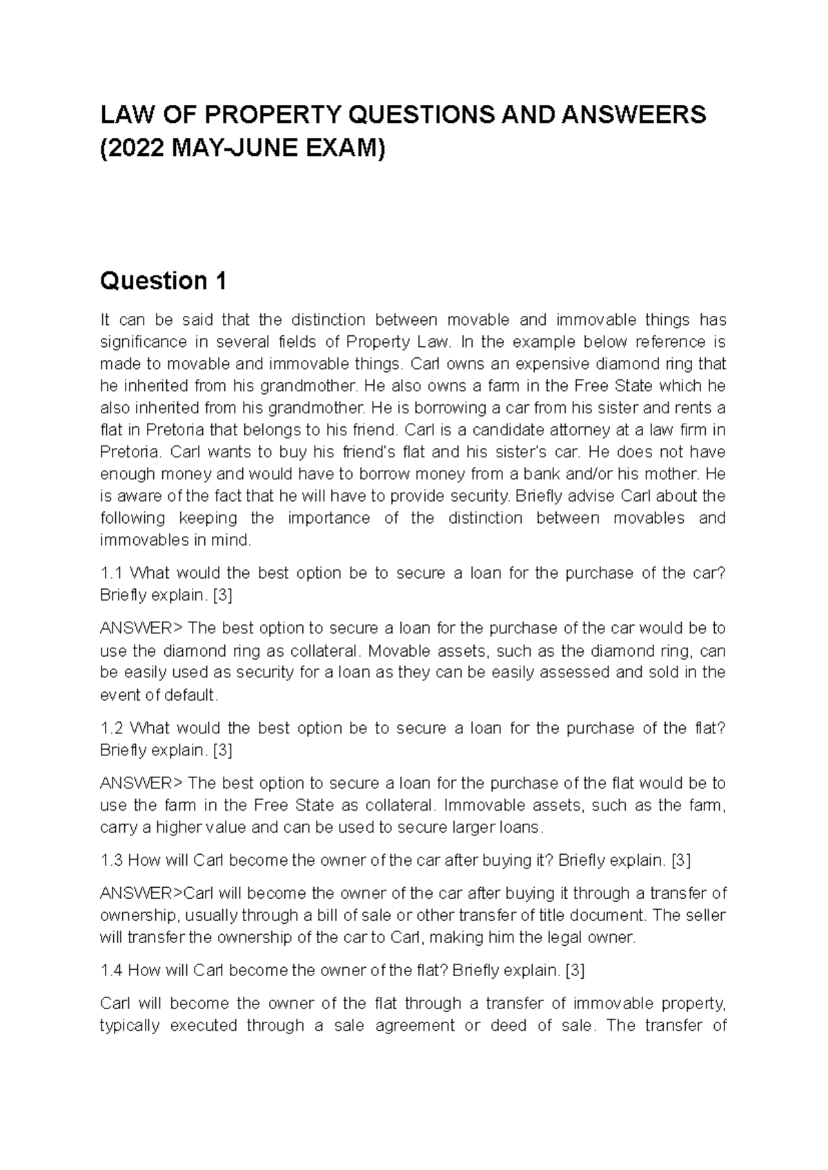 LAW OF PROPERTY Q&A: 2022 MAY-JUNE EXAM Insights & Analysis - Studocu