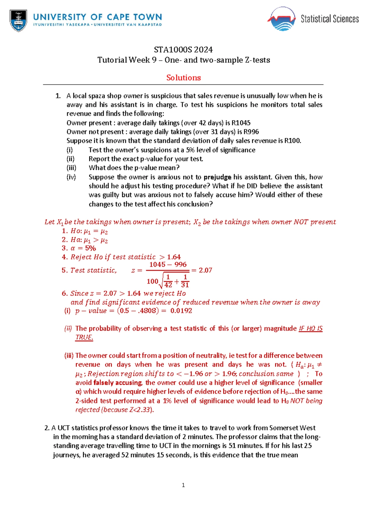 STA1000S 2024 Week 8 Tutorial questions and solutions - STA1000S 2024 ...